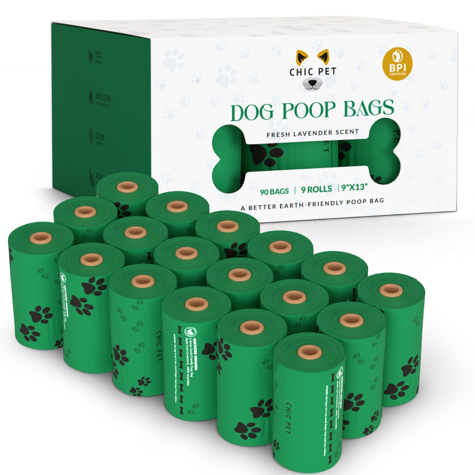 Chic Pet Lavender Scented Dog Poop Bags – 180 Count, Extra Thick, Leak-Proof, Cornstarch Based, With Bone Dispenser