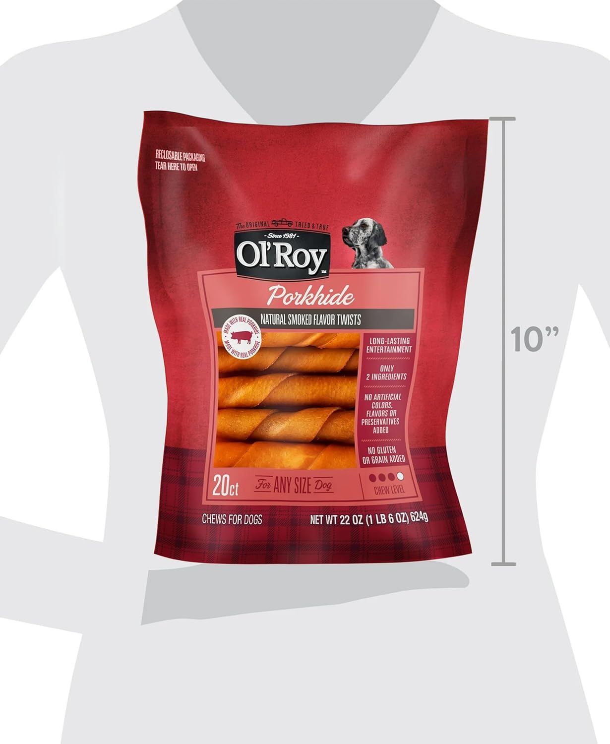 Porkhide Natural Smoked Flavor Twists, 22 oz, 20 Count, Long-Lasting Chews for Dogs, Made with Real Porkhide, Gluten and Grain Free, No Artificial Colors or Preservatives, Medium Chew Level, by Ol-Roy