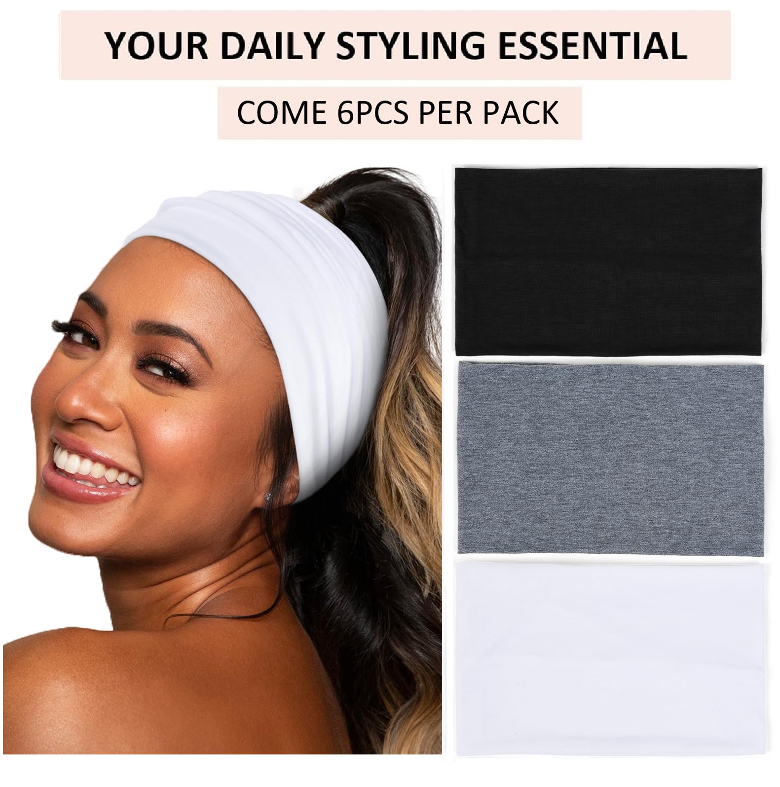 Wide Stretchy Non Slip Headband for Curly Hair Sleep Yoga Workout Olbye Wide Headbands: 6 Pack Women main image 3