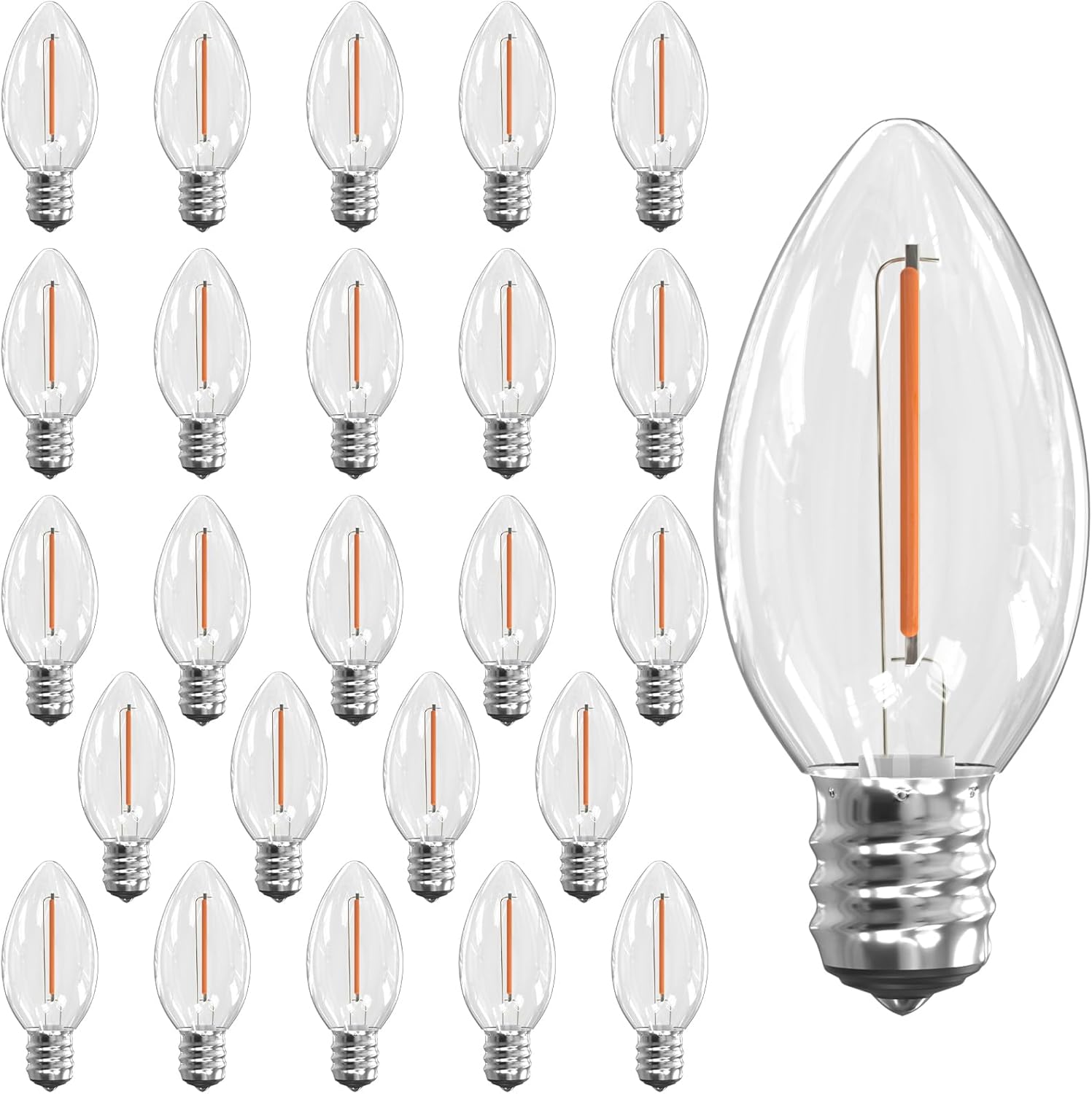 25 Pack C7 LED Christmas Replacement Bulbs C7 Outdoor String Light Replacement LED Bulbs, C7/E12 Candelabra Base, 0.6 Watt