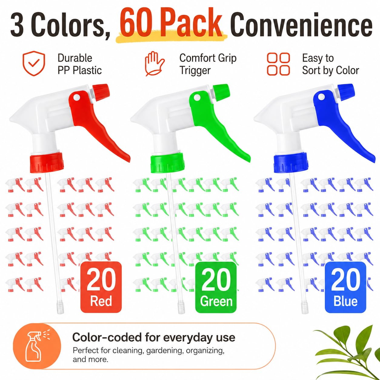 Sprühdüsen für Flaschen, 3 Farben, 28/400 Sprühflasche, Ersatz mit Röhren und Filtersieben für Reinigung, Salon, Garten, Nachfüllpackungen, 60 Stück