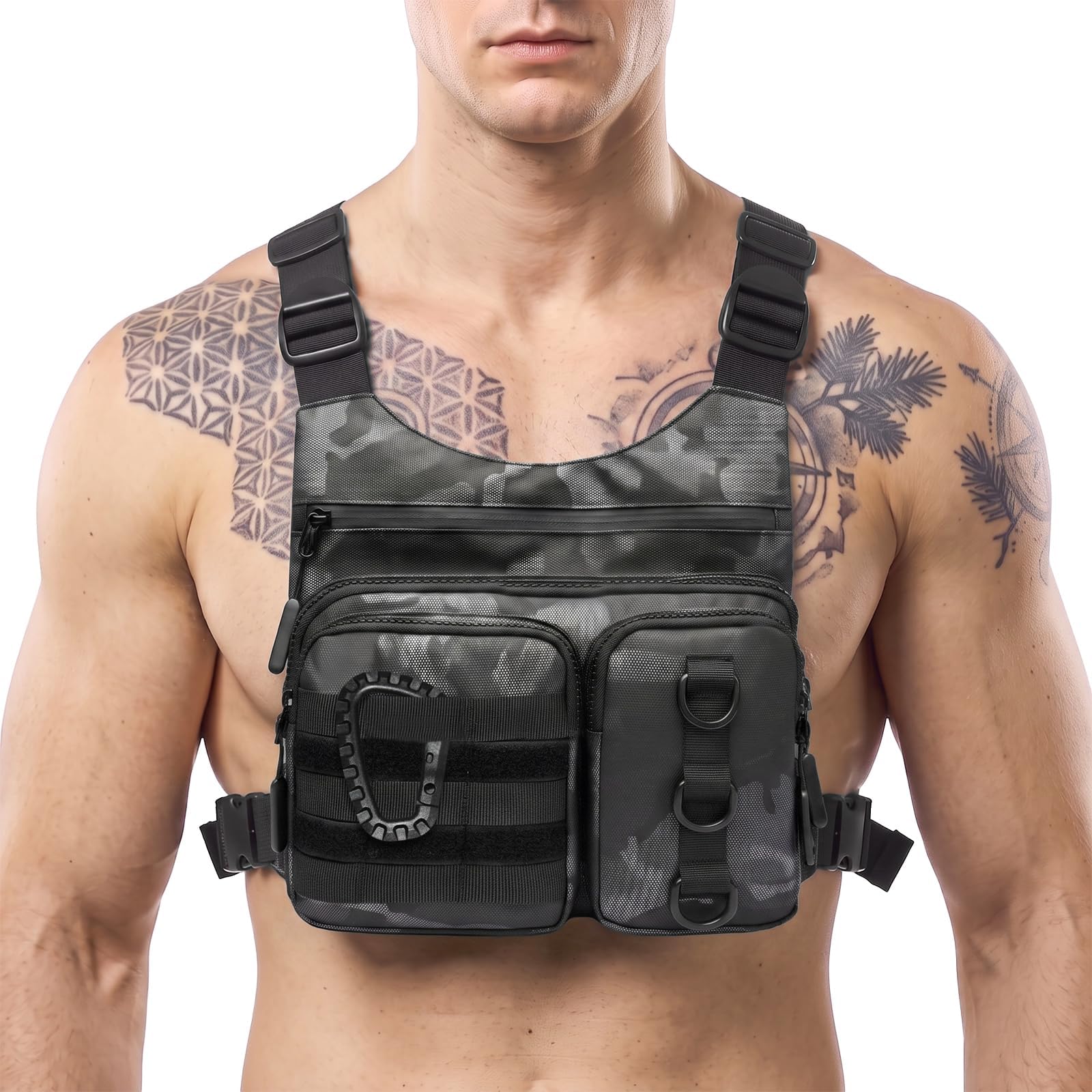 Criuage Outdoor Chest Bag for Men, Lightweight Adjustable Running Vest, Water Resistant EDC Chest Pack with Water Bottle Pocket, Breathable Back Pad for Hiking Cycling Fishing Travel (Camo)