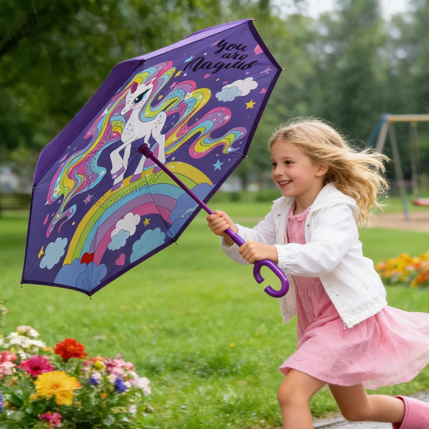 mrtlloa 40/49/56 inch oversize windproof inverted reverse upside down umbrella, golf size rain umbrella, double layer, c-shaped handle for men, women and kids a-magic unicorn kids 40 inch(kids)