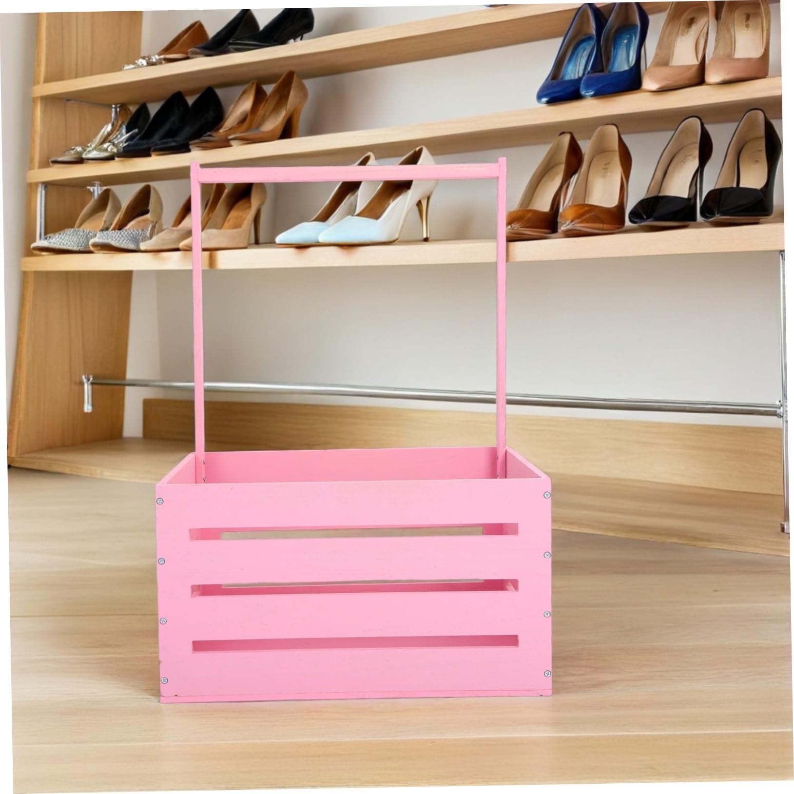 Cesta de Madera con Asa Rosa para Baby Shower y Almacenaje