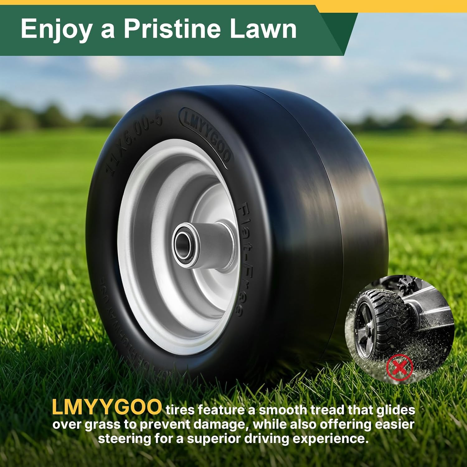MYYGOO 11x6.00-5 Flat Free Tire and Wheel,Universal 3/4", 5/8" and 1/2" Bearings,2 Pack Rubber Riding Lawn Mower Tire with Rim - With 6"-8” Centered Hub,2 Pack Gray