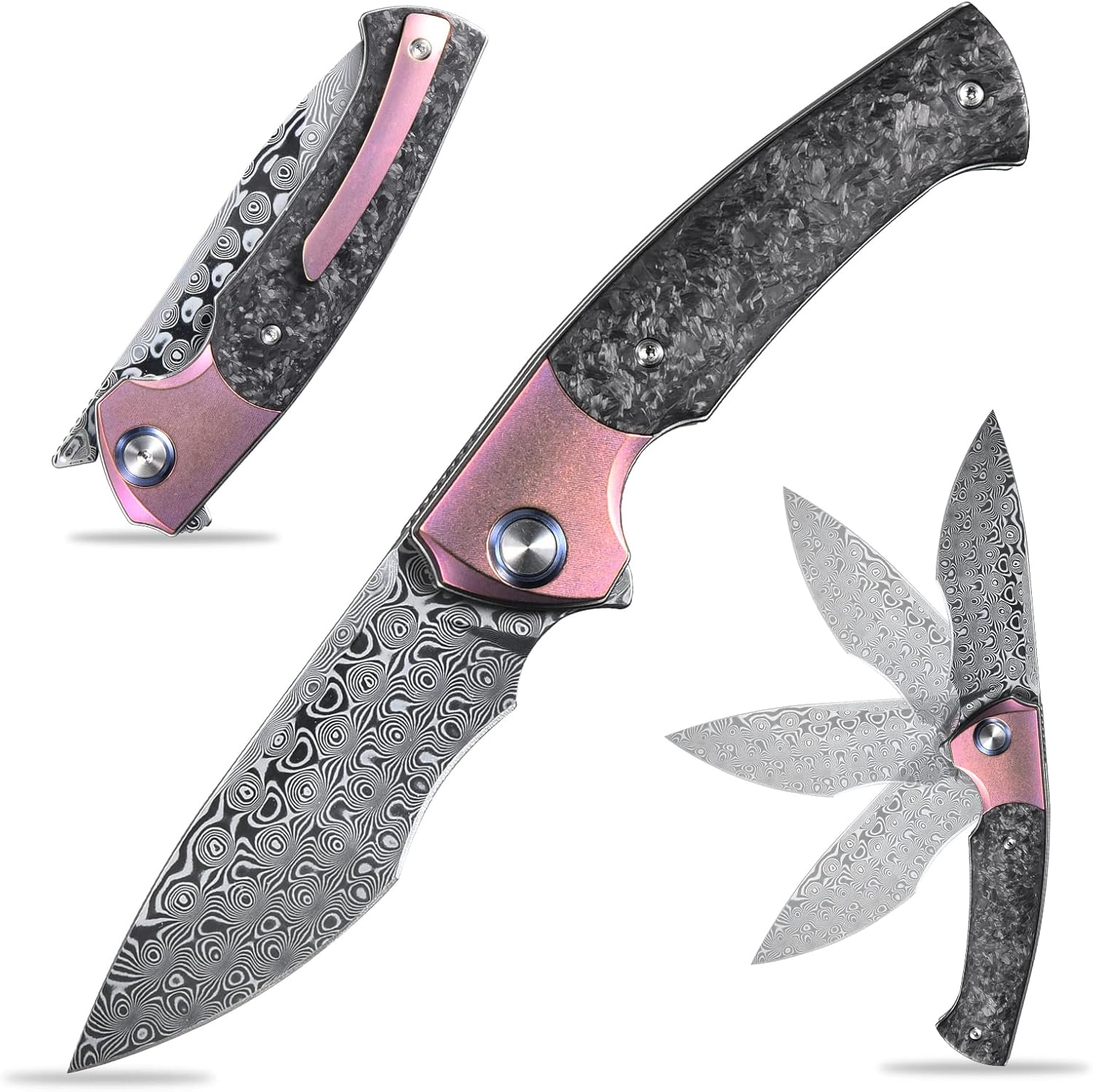 Sitivien ST255 Damascus Steel Folding Knife,Damascus Rose Print Pattern Blade,Titanium Carbon Fiber Handle EDC Knife for Outdoor Survival Collection(Pink)