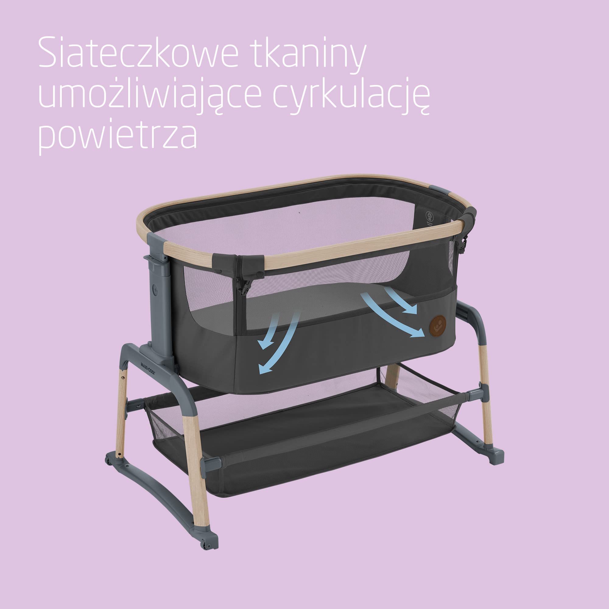 Maxi-Cosi Iora Air Łóżeczko Przystawka, Siatka do okoła, 0–6 mies., maks. 9 kg, Tryb bujania, 4 Poz. Odchylenia i 5 Wysokości, Łatwe Przesuwanie, Wygodny Materac, Łatwe Przenoszenie, Beyond Graphite