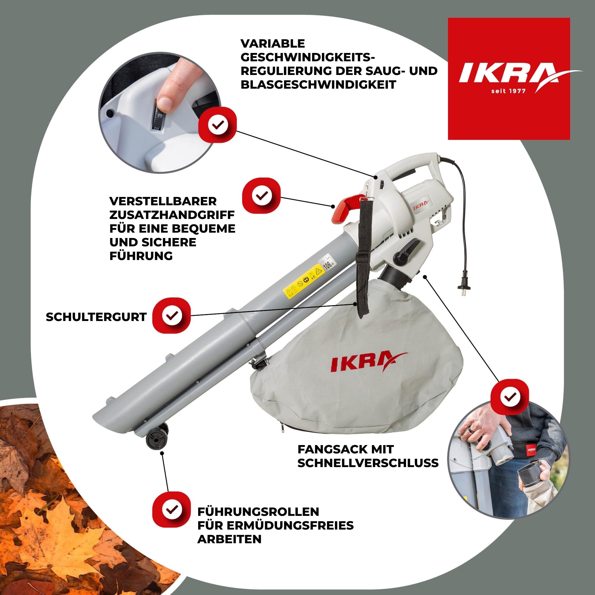 IKRA Elektro Laubsauger Laubbläser IBV 3000 3in1, 3000 Watt, bis 240 km/h