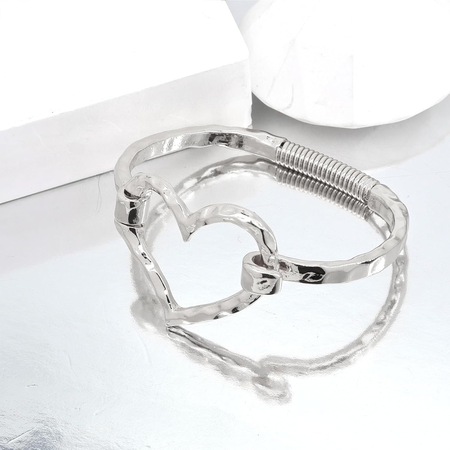 GIGB PBDK Chunky Silver Large Heart Bracelet for Women Fashion Adjustable Hammered Love Statement Bangles Simple Heart Bracelets Valentines Gift Unique Jewelry - Image 6