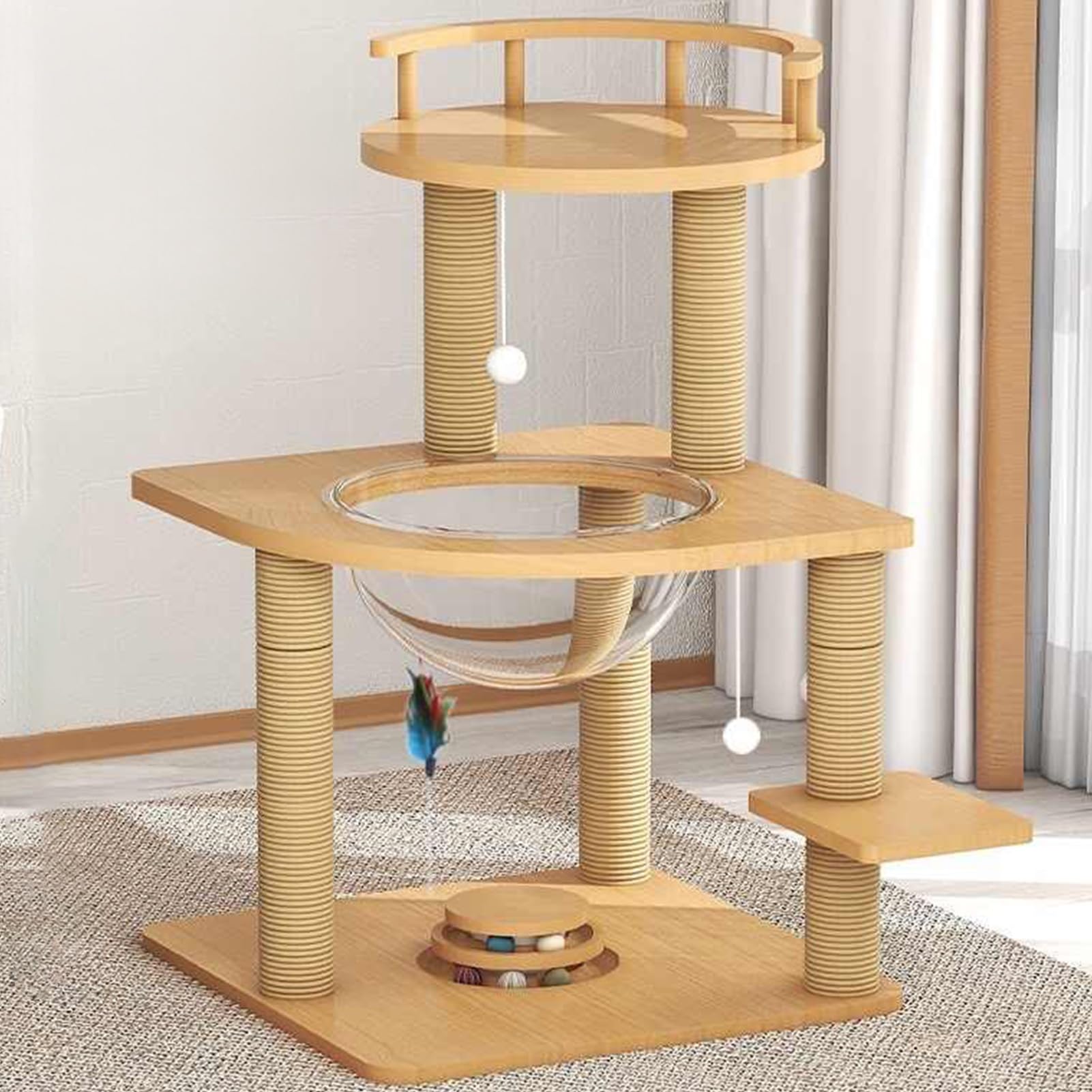 Arbre à chat multicouche avec capsule spatiale transparente et jouets