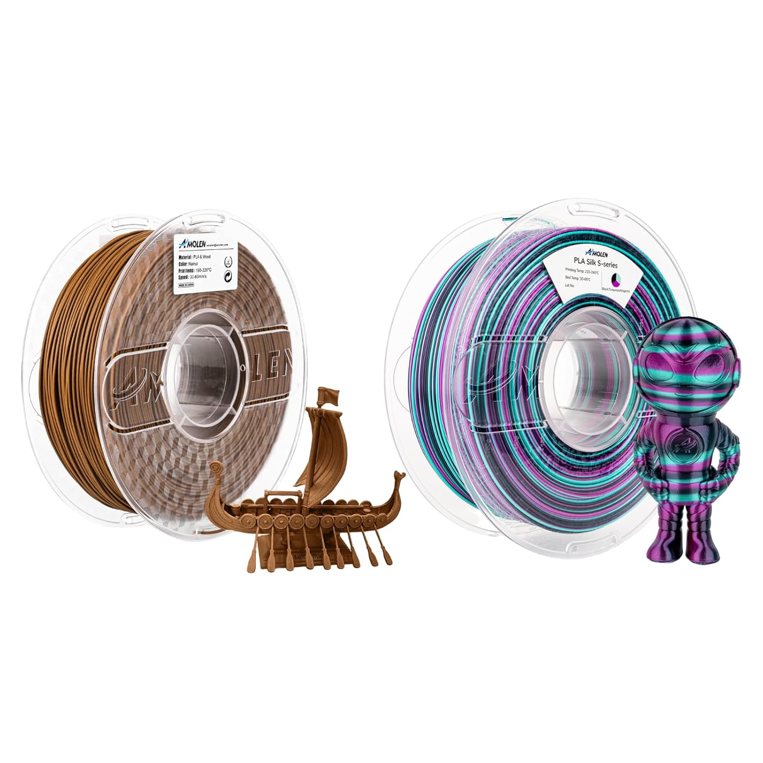 AMOLEN Walnut Wood Printing Filament 1.75mm PLA & Shiny Multicolor Rainbow Black Turquoise Magenta PLA Filament
