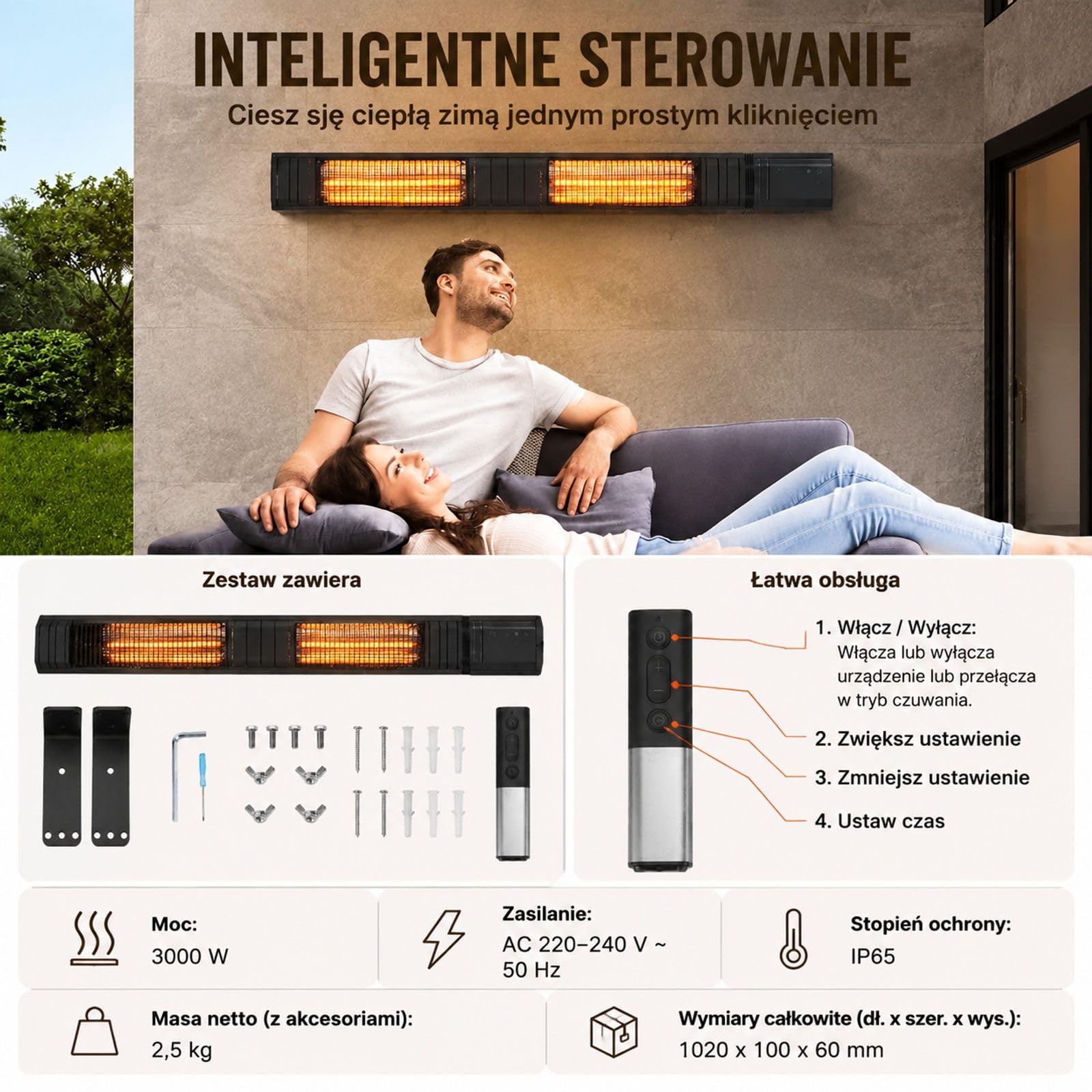 Elektryczny promiennik podczerwieni 3000 W, karbonowa rura grzewcza, montaż ścienny, do patio, ganku i ogrodu