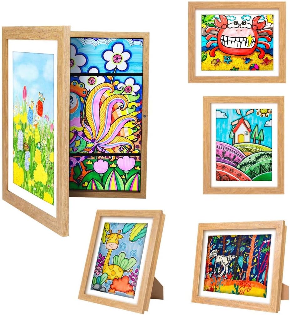 Kids Art Frames,10x12.5 Front Opening Kids Artwork Frames Changeable, Displays 8.5x11 or 9x12 With Mat, Holds 50 Pcs, for 3D Picture,A4 Artwork,Crafts, Childrens Drawing,Art Projects Storage(Wood)
