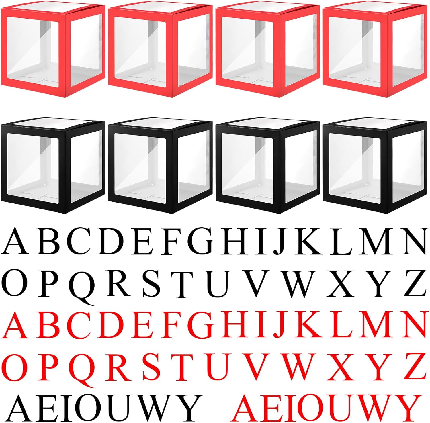 Barydat 8 Pcs Red Black Valentines Transparent Balloon Boxes, Balloon Boxes with 66 Letters for Baby Shower Gender Reveal Grad Birthday Party Anniversary Bridal Wedding Decor