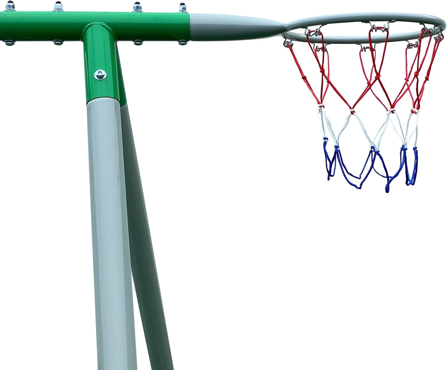 Detailní záběr view of the basketball hoop with a red, white, and blue net, attached to the green and grey frame of the playground set.