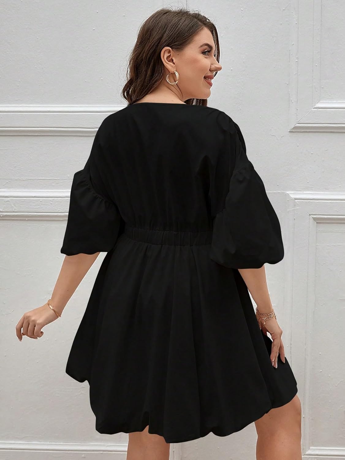 WDIRARA Women's Plus Size Deep V Neck Puff Lantern Sleeve Flowy Flare Dress A Line Mini Dress - Image 2