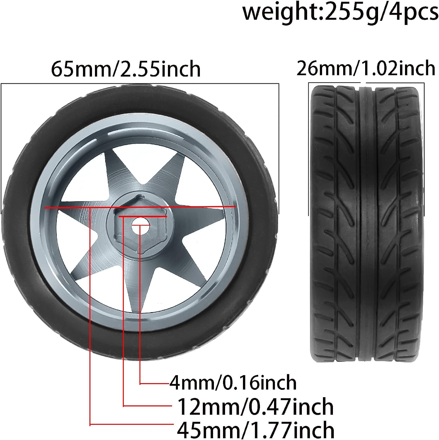 REDSPIDER 1/10 On Road Tires and Metal Wheels 12mm Hex RC Rally Racing Tyres OD 2.55" 4PCS for Tamiya TT01 TT02 XV01 TA06 A959 PTG2 HPI KYOSHO PTG2 Traxxas 1:10 Street Touring Drift Car (Titanium)