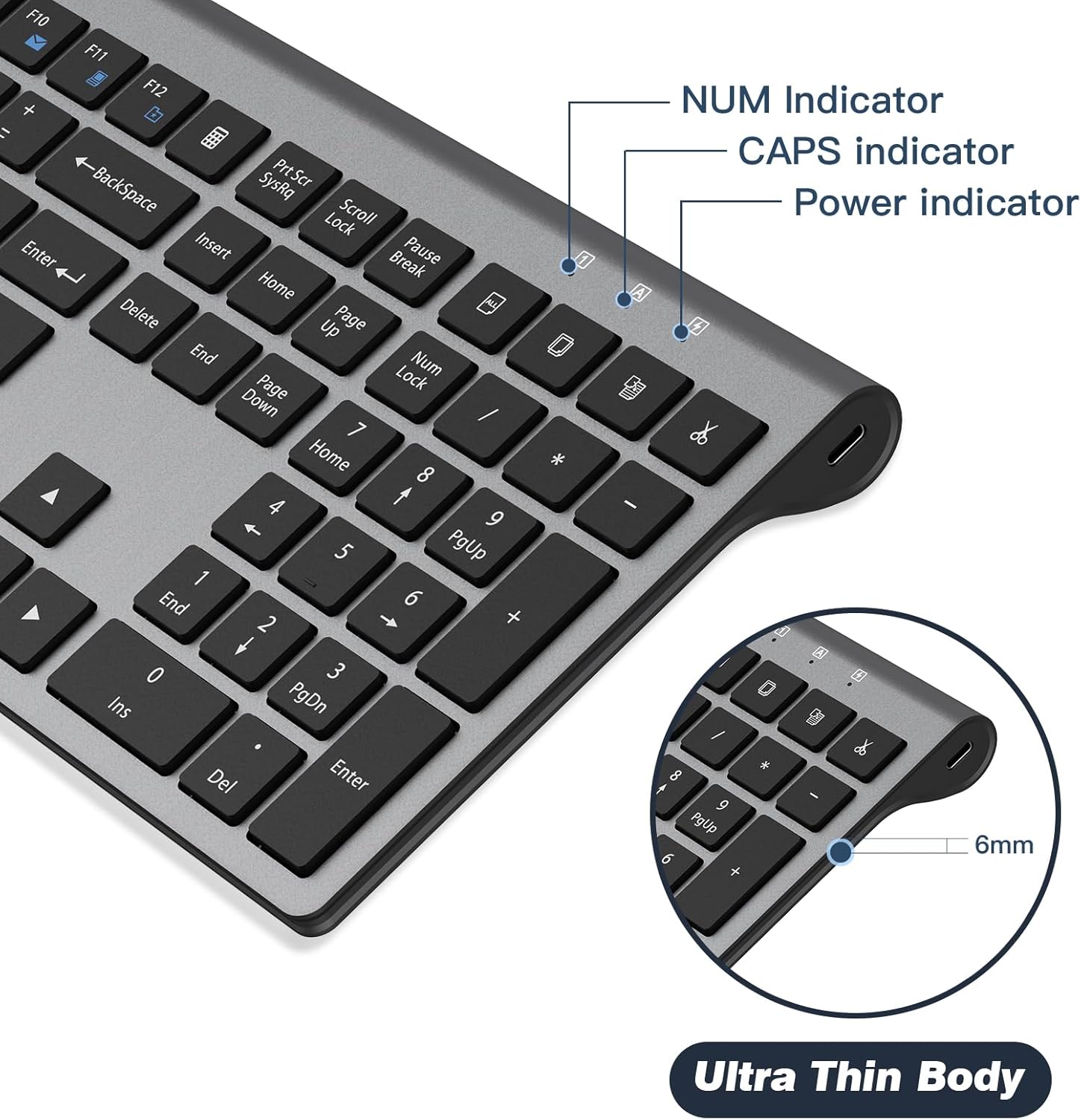 cimetech Rechargeable Wireless Keyboard, 2.4G Full Size Ergonomic Scissor Switch Keyboard, QWERTY Layout Silent Keyboard, 12 Multimedia Shortcut Keys for PC/Desktop/Laptop/Windows-Gray