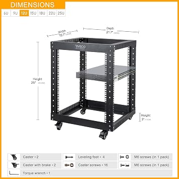 RIVECO 12U Server Rack Open Frame with Casters + RIVECO 19 2U Rack Shelf
