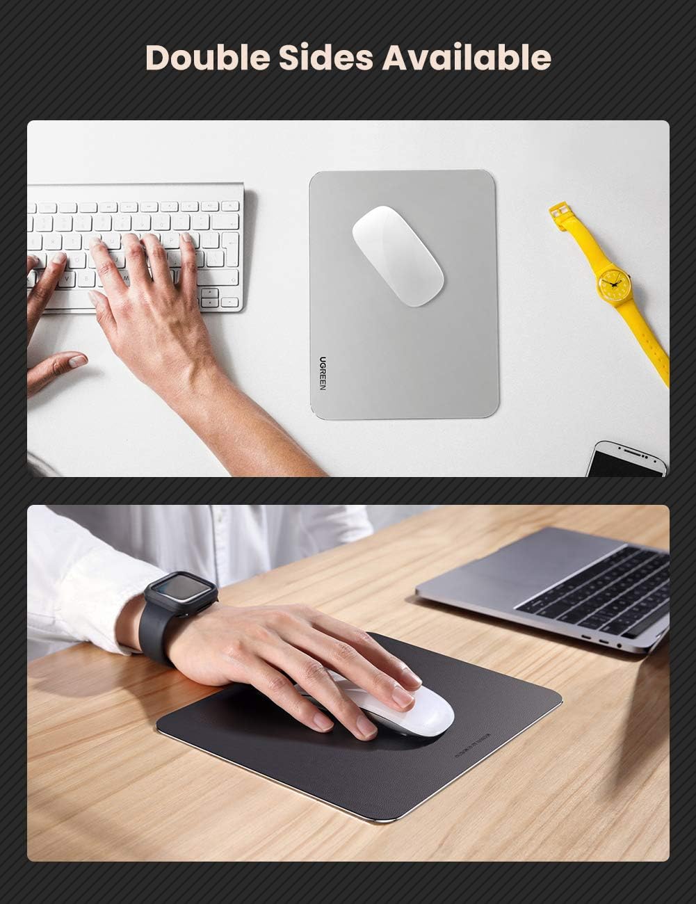 UGREEN Aluminum Mouse Pad Hard Metal Mouse Mat Double Side Ultra Thin Waterproof for Gaming, Home and Office, Sliver
