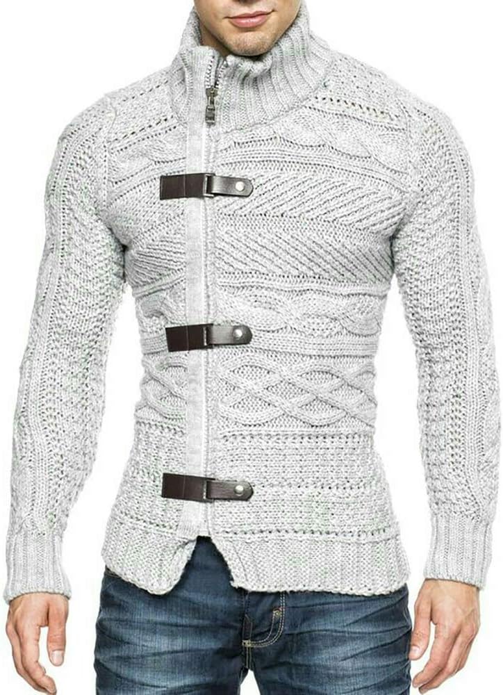Karlywindow Men's Cable Knitted Oplique Zip Button Front Long Sleeve Cardigan Sweater