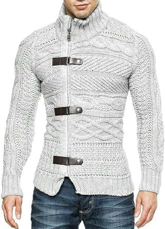 Karlywindow Mens Cable Knitted Cardigan Sweater Turtleneck Long Sleeve Slim Fit Winter Zipper Front Casual Pullover Sweaters