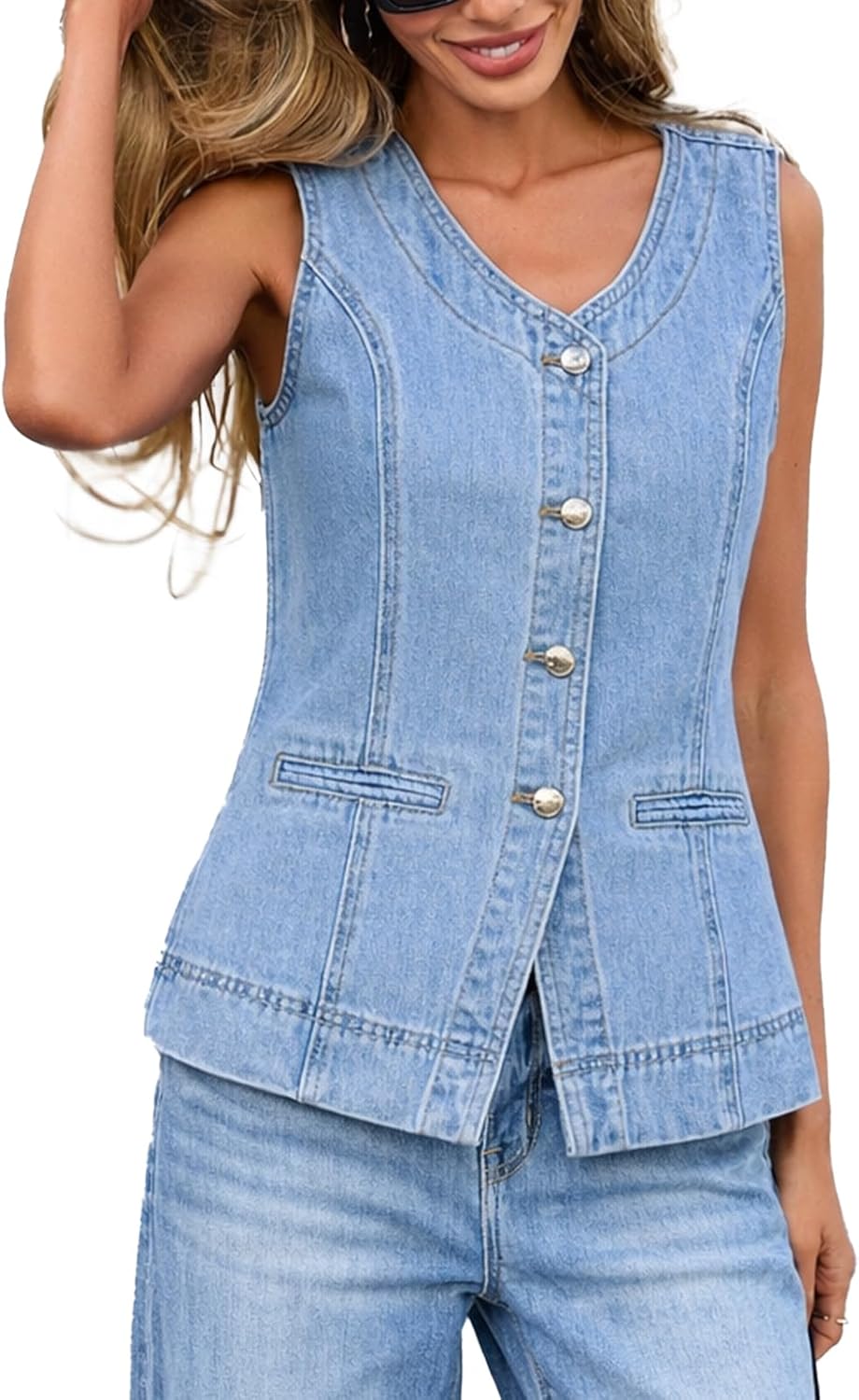 D-Sun Womens Denim Vest Sleeveless Button Down Jean Waistcoat Suit V-Neck Casual Summer Outerwear for Daily/Party/Work