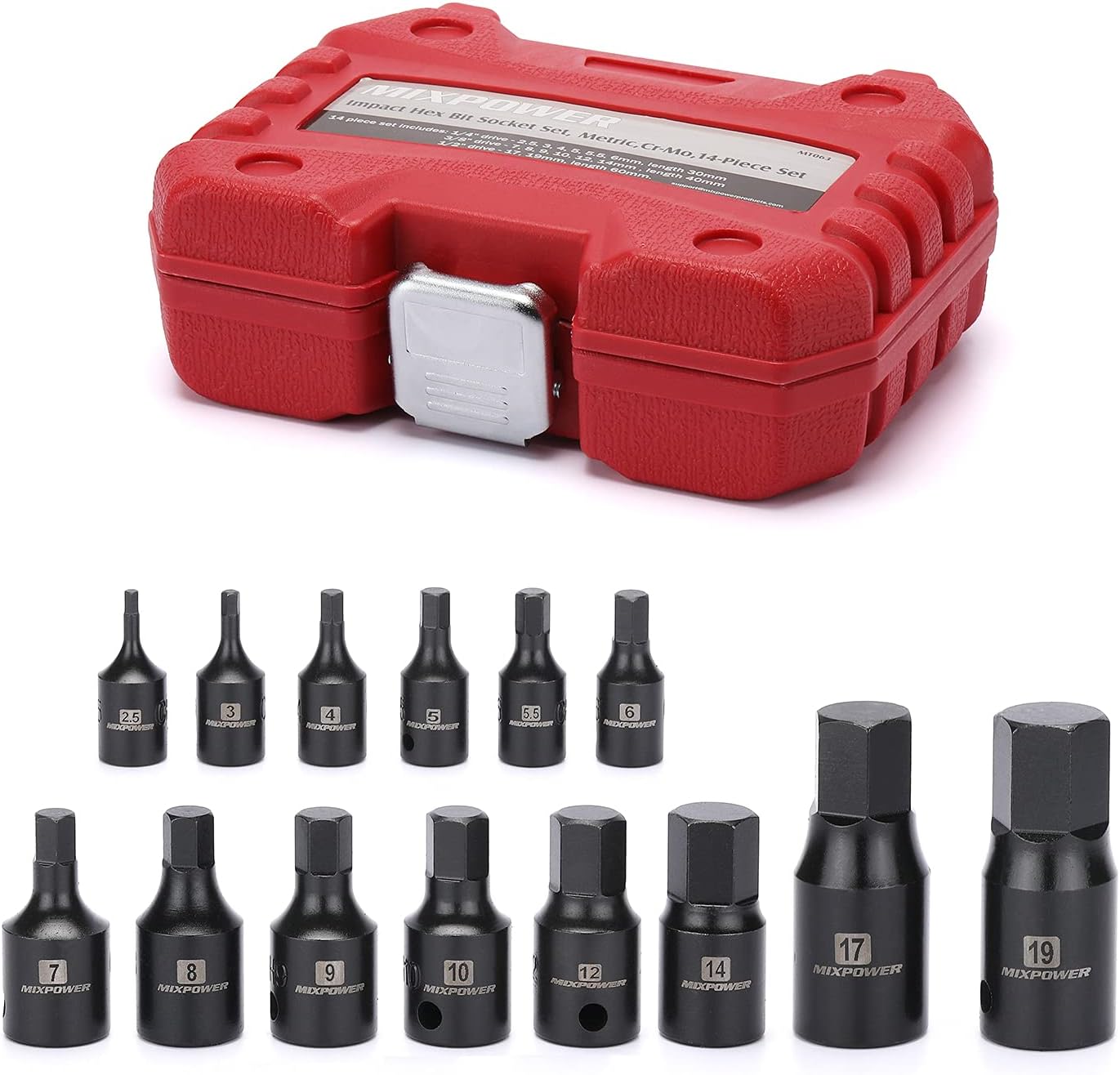 MIXPOWER 14-Piece Dr. Bit Socket Set, 2.5mm to 19mm, 1/4", 3/8" and 1/2" Drive, Cr-Mo Impact Grade, Metric, Hex Bit Socket