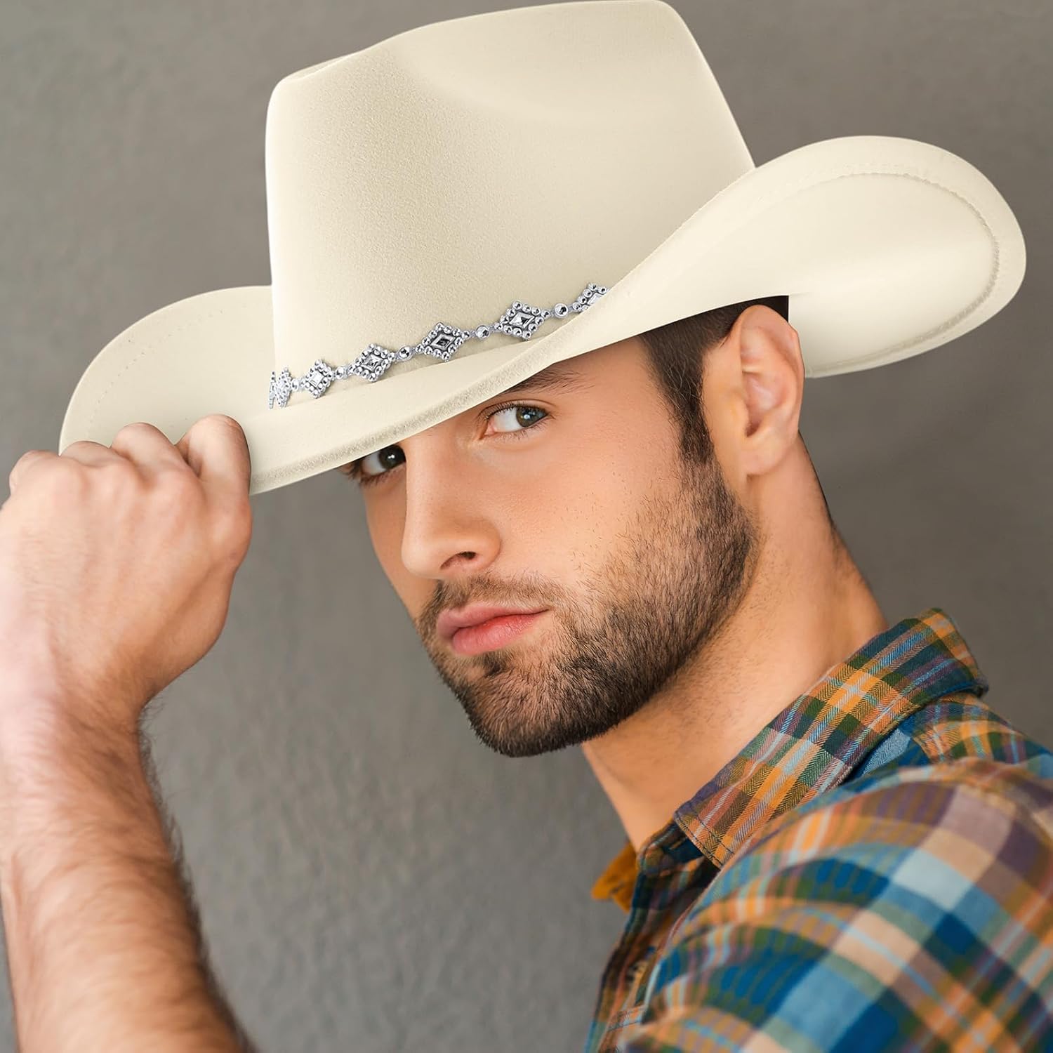 Hercicy 2 Pcs Western Cowboy Hat for Women and Men Classic Felt Wide Brim Cowgirl Hats with Metal Studs for Halloween