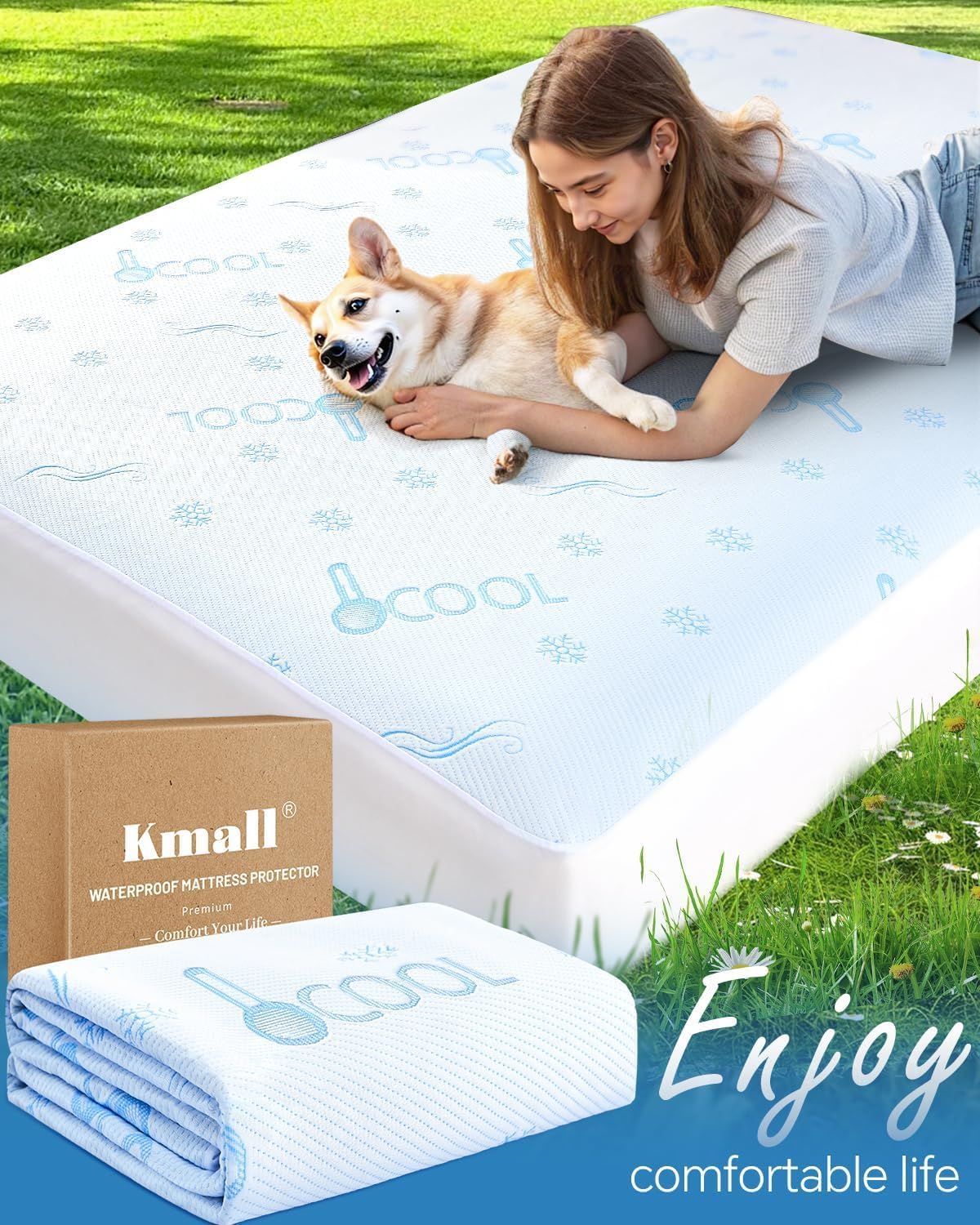 Kmall Cooling Queen Size Mattress Protector - 100% Waterproof & Breathable Cool 3D Air Fabric Bed Mattress Cover, Ultra Soft Noiseless Mattress Pad for 8"-21" Deep Pocket, Machine Washable (Blue)