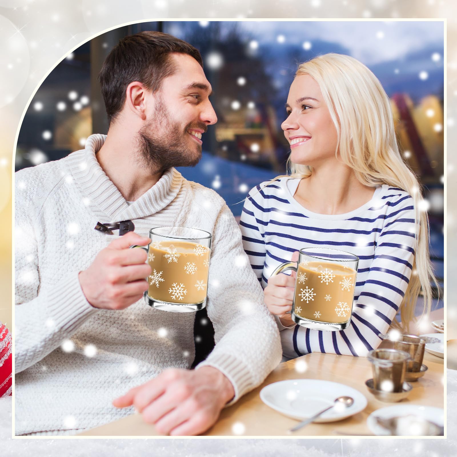 Tioncy 2 x Kaffeetassen mit Weihnachtsschneeflocke, Glas, mit Griff, 340 ml, Weihnachtsschneeflocke, Glasbecher, Winterurlaubstassen für Weihnachten, Zuhause, Büro, Geschenke