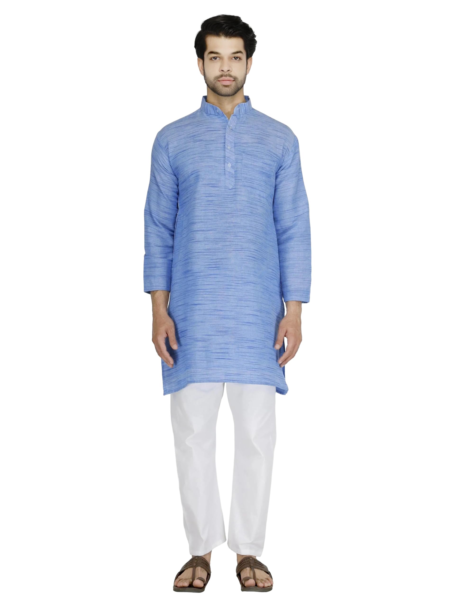 aaryavar Men's Khadie Cotton - Kurta Pyjama Set (Melange Blue, M)-picture-19