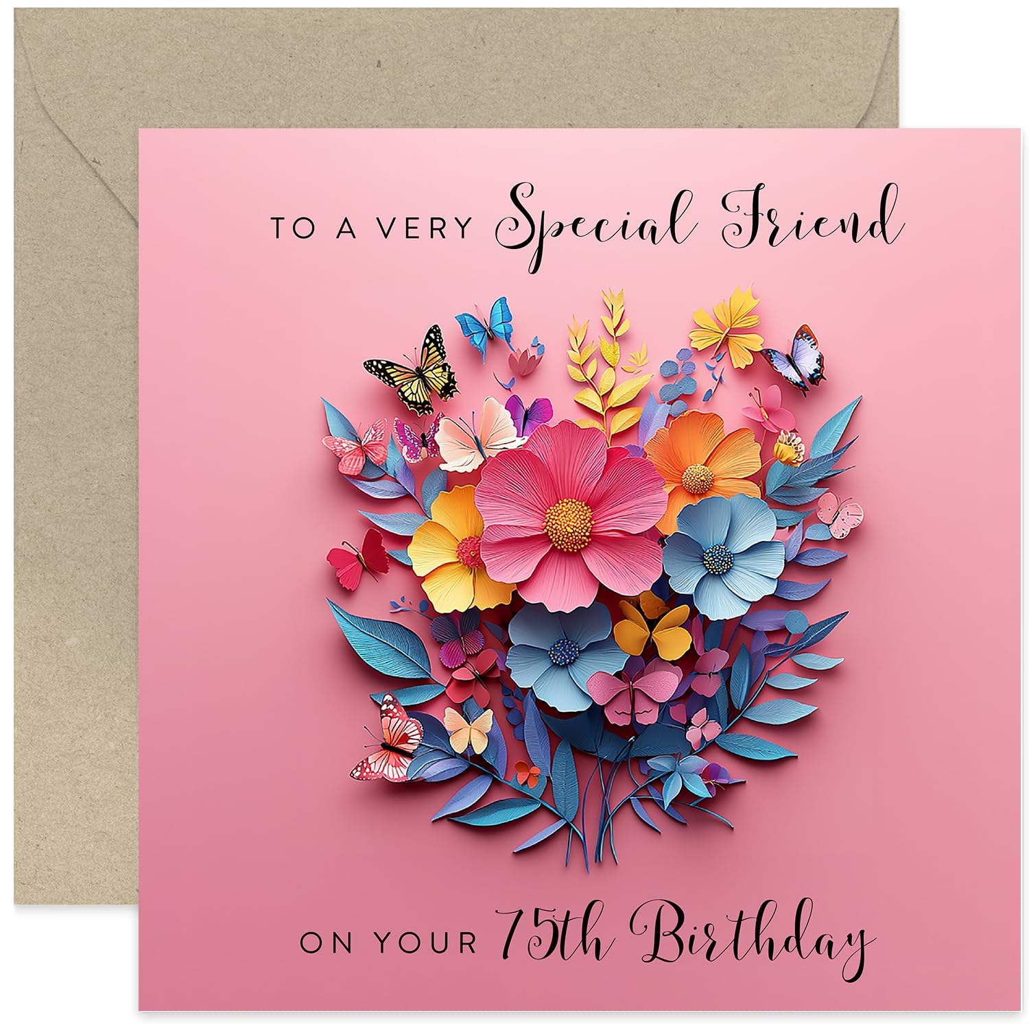 Very Special Friend 75th Happy Birthday Greeting Card - Gifts for Her - Floral Paper Cutout Artwork with Butterflies - Age 75 - Pink Birthday Cards -