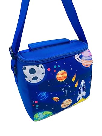 Polyester Space Print Insulated Tiffin Lunch Bags For Kids With Bottle Holder, 50 liter, Blue