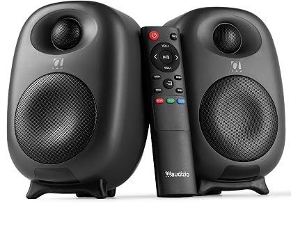 Audizio RS60 Active Bookshelf Studio Monitor Speaker Set 120W   Bluetooth 5.0, Optical & AUX Input, Remote Control, Ultra Compact Home Studio & Gaming DJ Speakers