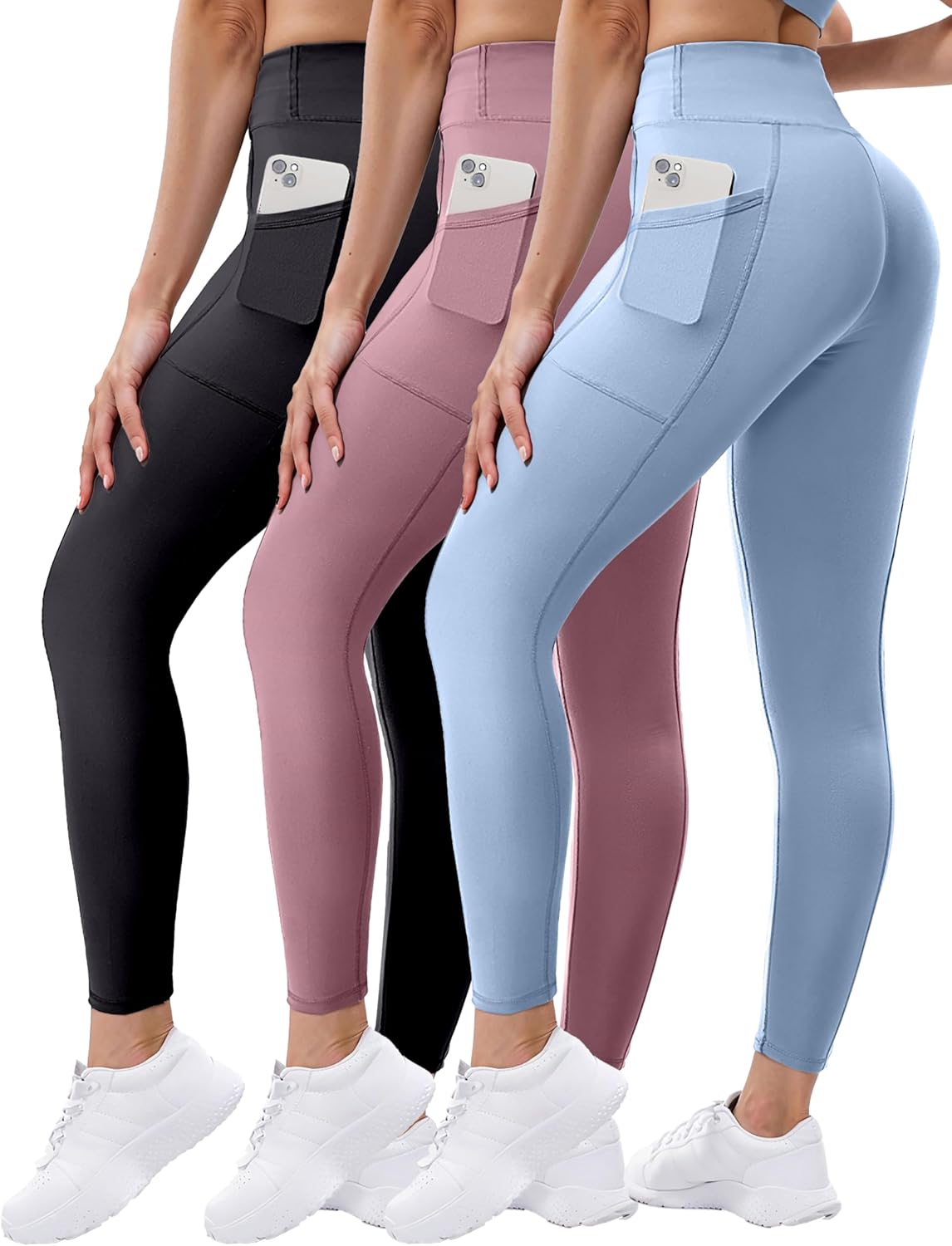 3 Pack Leggings with Pockets for Women,High Waisted Tummy Control Soft Yoga Pants for Workout,Active,Running,Lounge