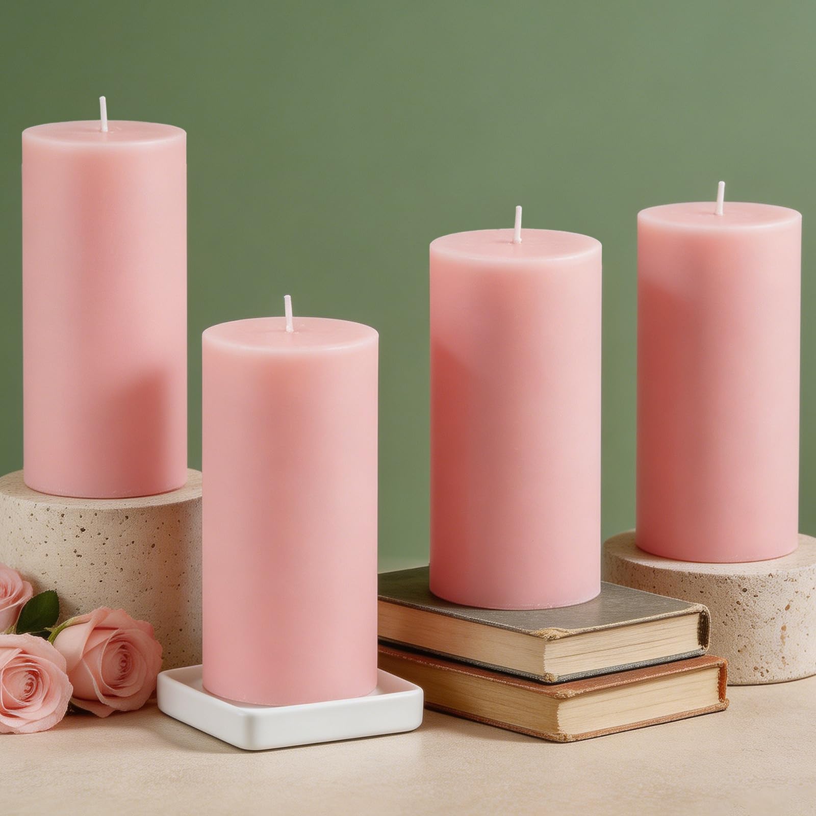Ugbem 4-Pack Soy Wax Pillar Candles, 5x10cm Rose Scented Pillar Candles, Multipack Non Toxic Candles, Cotton Wick for Home Decor, Church Candles