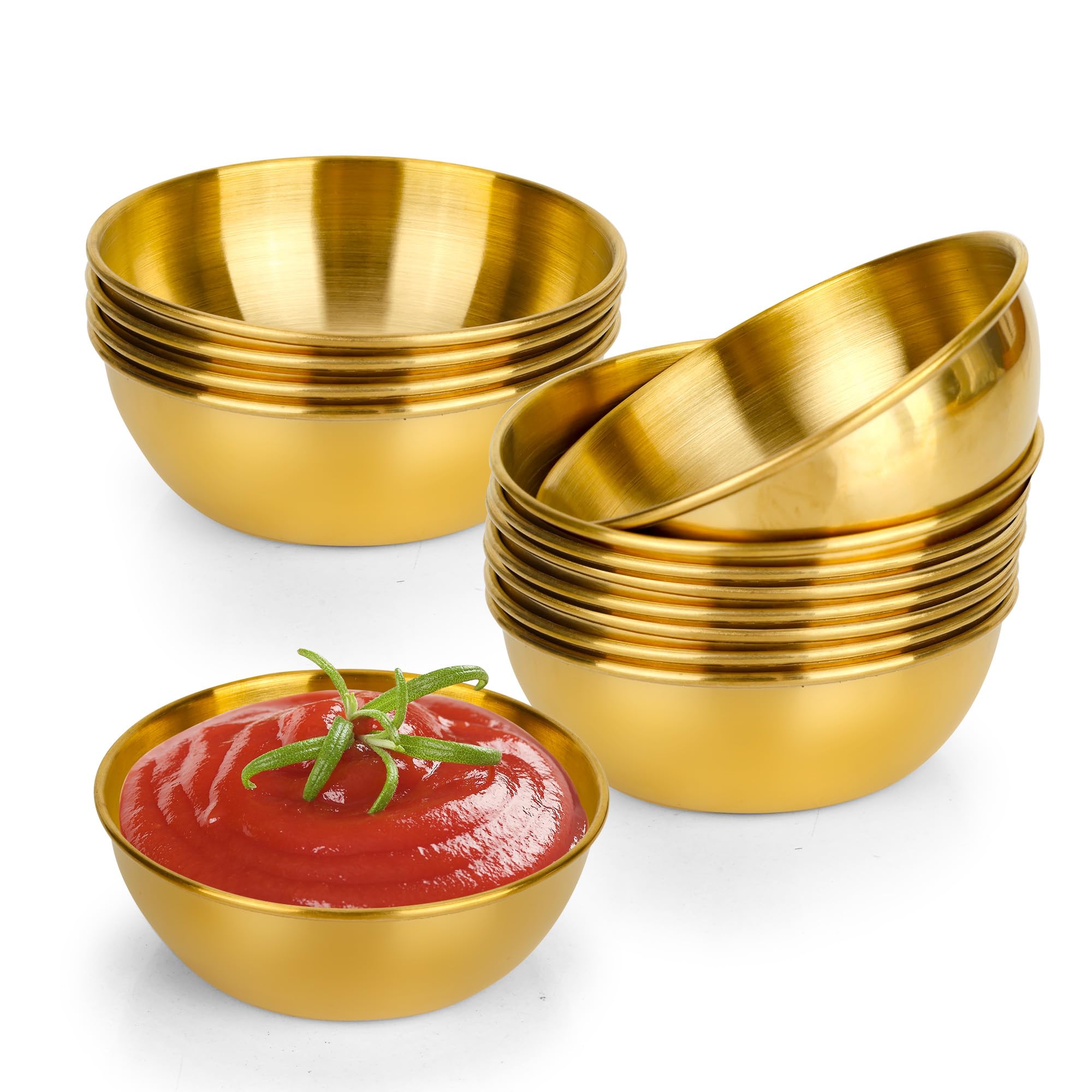 Aramanara 12 Pcs 130 ml Stainless Steel Gold Dipping Bowls, Mini Soy Sauce Dishes, 8.2 cm Round Individual Seasoning Dip Bowl for Kitchen Home Restaurant