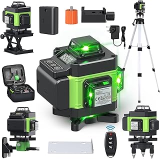 VISLONE Laser Level 4 x 360°,4D 16 Lines Laser Level Self-Leveling, 2400mAh x 2 Batteries,Green Laser Level Waterproof and Dustproof IP54,Laser Levels with Remote Control and Height Adjustable Tripod