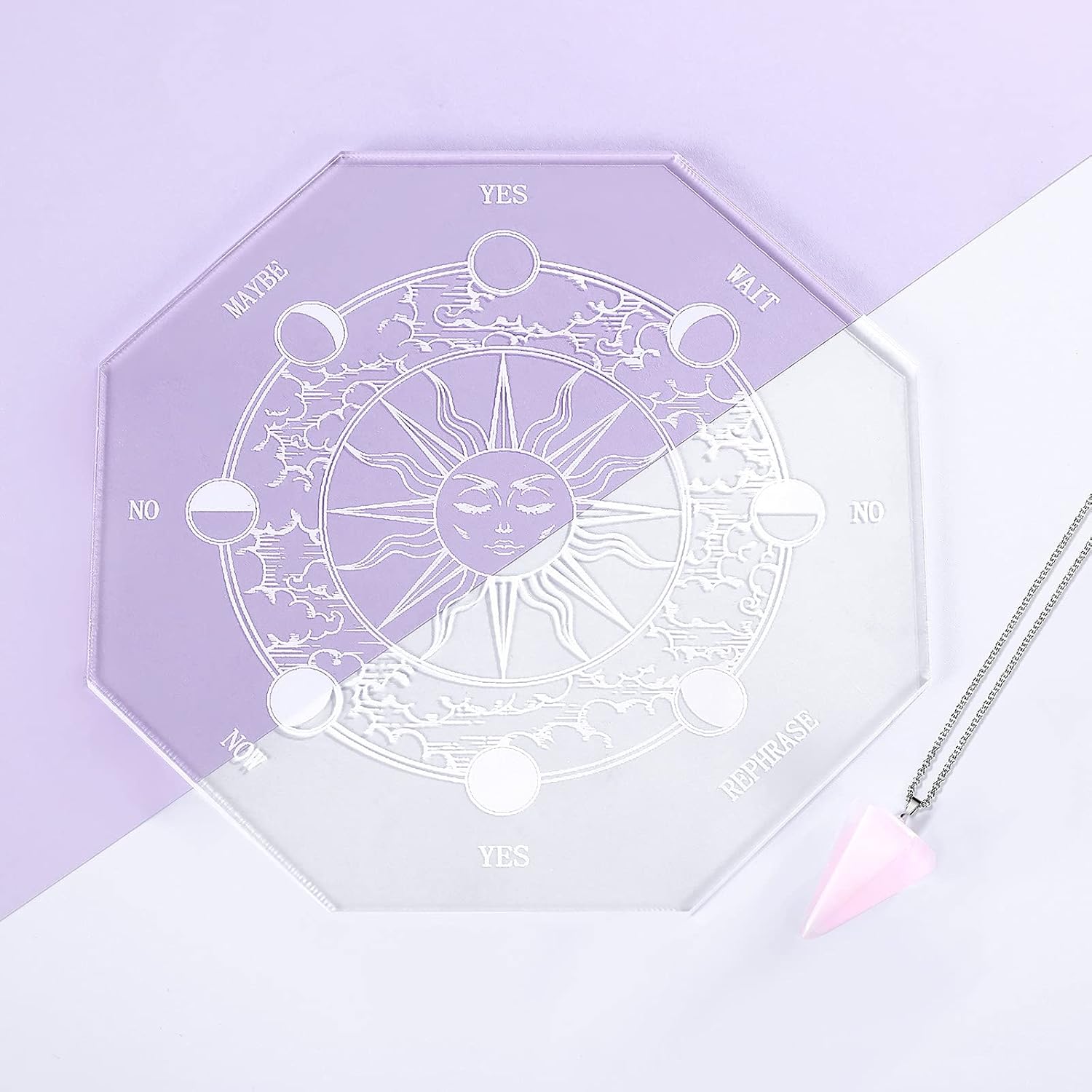 Acrylic Pendulum Board for Divination Acrylic Clear Divination Metaphysical Message Carven Pendulum Board Set with a Crystal Dowsing Pendulum Necklace Witchcraft Wiccan Altar Supplies Kit