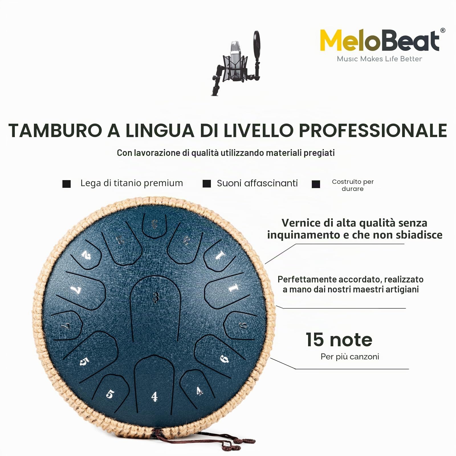 MeloBeat Steel Tongue Drum Handpan - Tamburo in Acciaio 13 Pollici 15 Note - Set Professionale di Tamburi a Lingua in D Maggiore Incluso Libro delle Canzoni per Tamburo con Custodia (Blu Scuro)
