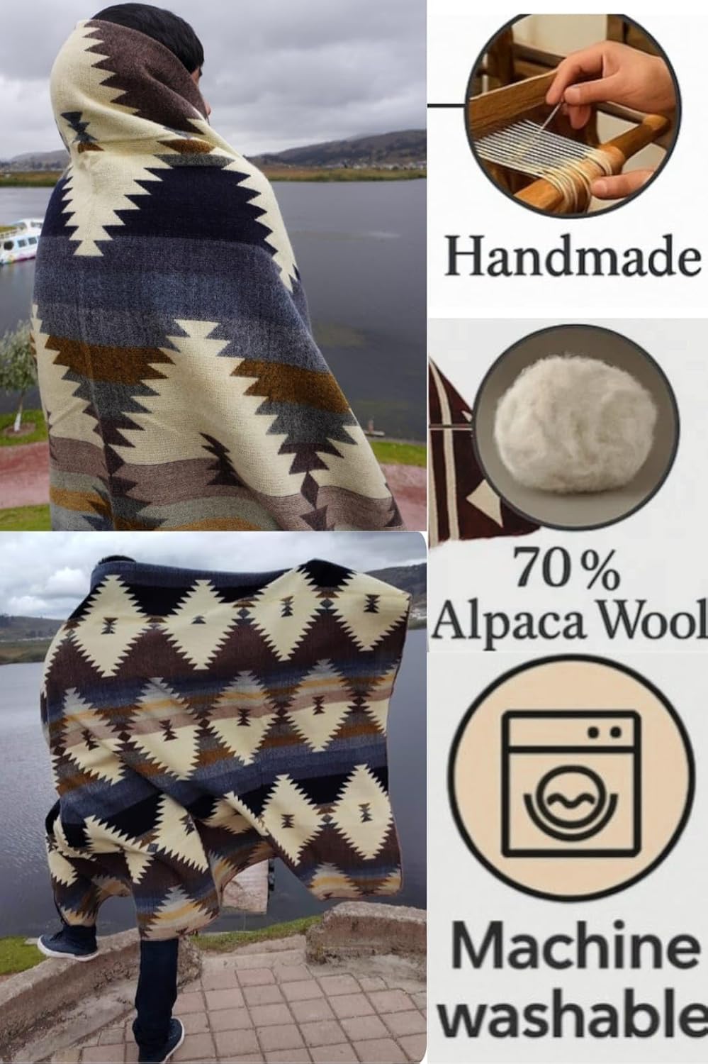 Alpaca Wool Blanket, King Size 100 x 83, Reversible 2 in 1, Thick and Ultra Soft, Hypoallergenic, Non-Itchy, Handmade in Ecuador. Premium Alpaca Wool Thtow Blanket for Cozy Comfort.(Blue and Brown) - Image 2