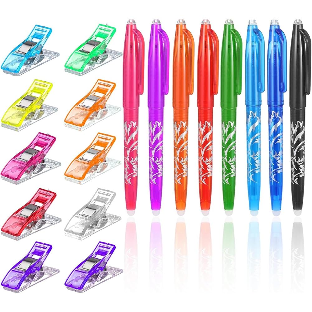 Vjsujehgy Heat Erasable for Fabric Pens(8pcs) Sewing Clips(10Pcs) for Marking Quilting Sewing Dressmaking