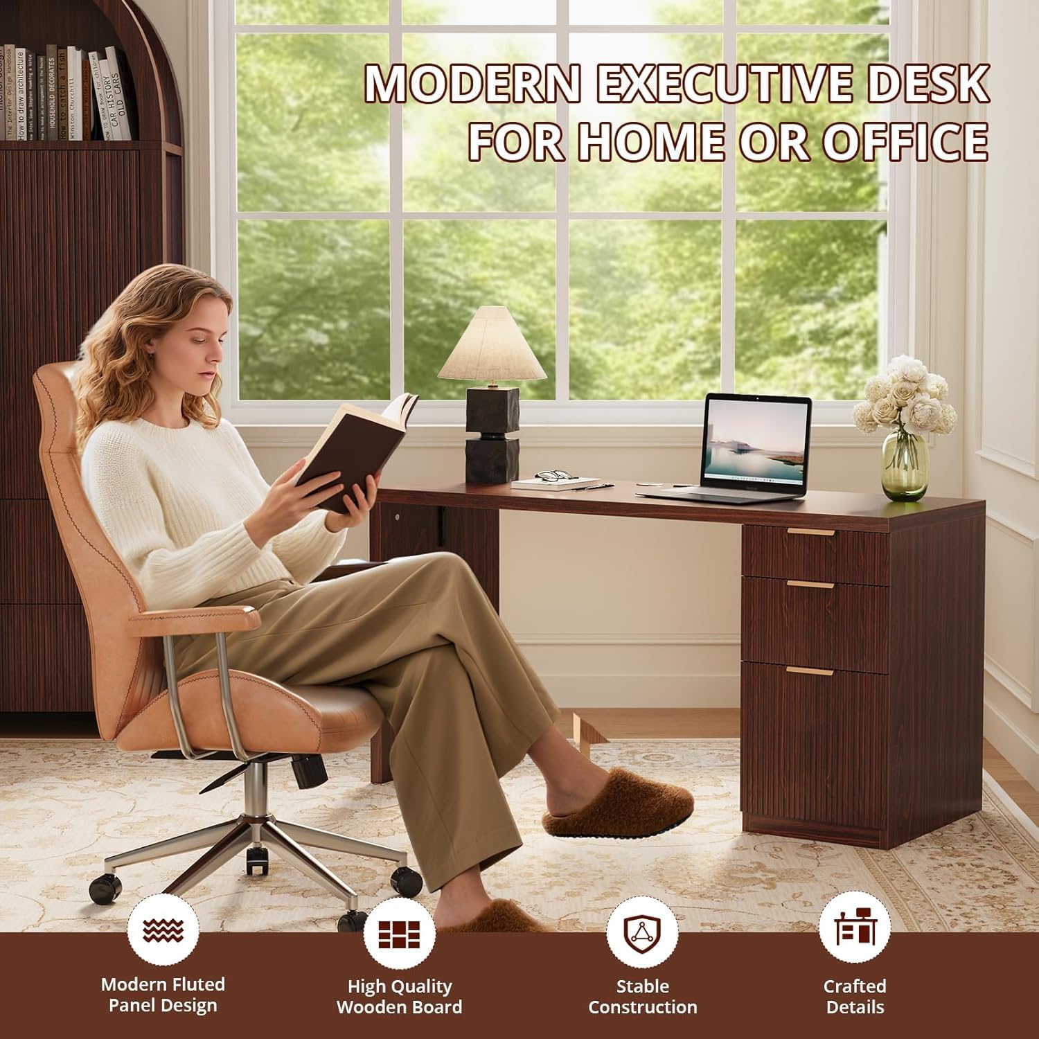 FURSUN 58" Modern Executive Desk with Storage, Home Office Desk with Drawer & Cabinet, Wooden Fluted Desk for Study, Living Room, Bedroom, Dark Walnut