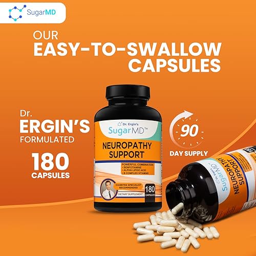 Miniatura 7 de SugarMD Suplemento de apoyo a la neuropatía  180 cápsulas de suplemento nervioso con ácido alfa lipoico, benfotiamina y vitamina D3 B6 B12