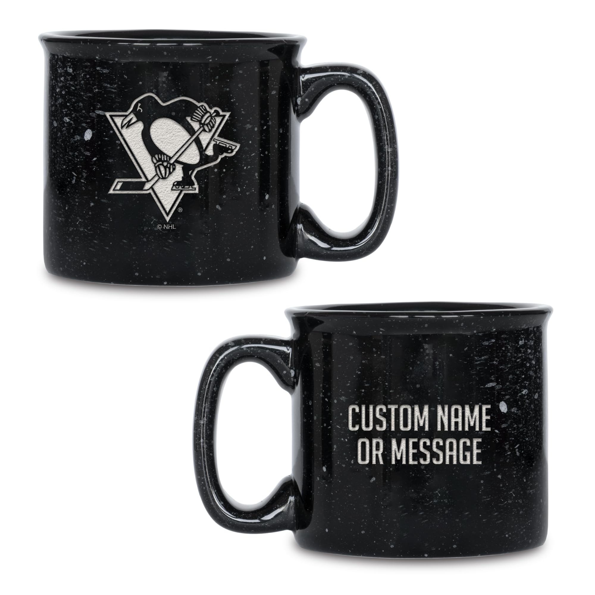 Rico Industries NHL Pittsburgh Penguins Personalized 12oz. Speckle Camper Coffee Mug, Deep Laser Engraved Logo, Ceramic Camping Mug with Black Body, Speckle Glaze