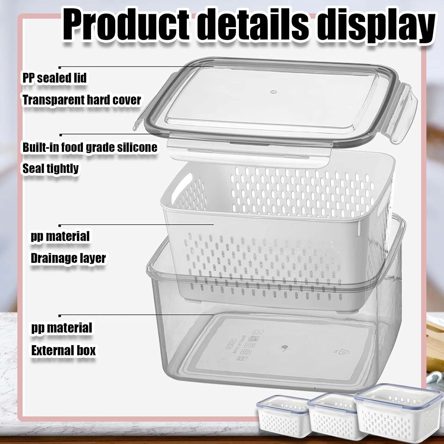 4 in 1 Food Storage Container, Fruit Storage Containers for Fridge with Removable Colanders, Food Storage Box with Lids, Fridge Organizer Bins for Salad Berry Lettuce Vegetables Meat (Grey, L-3pcs)
