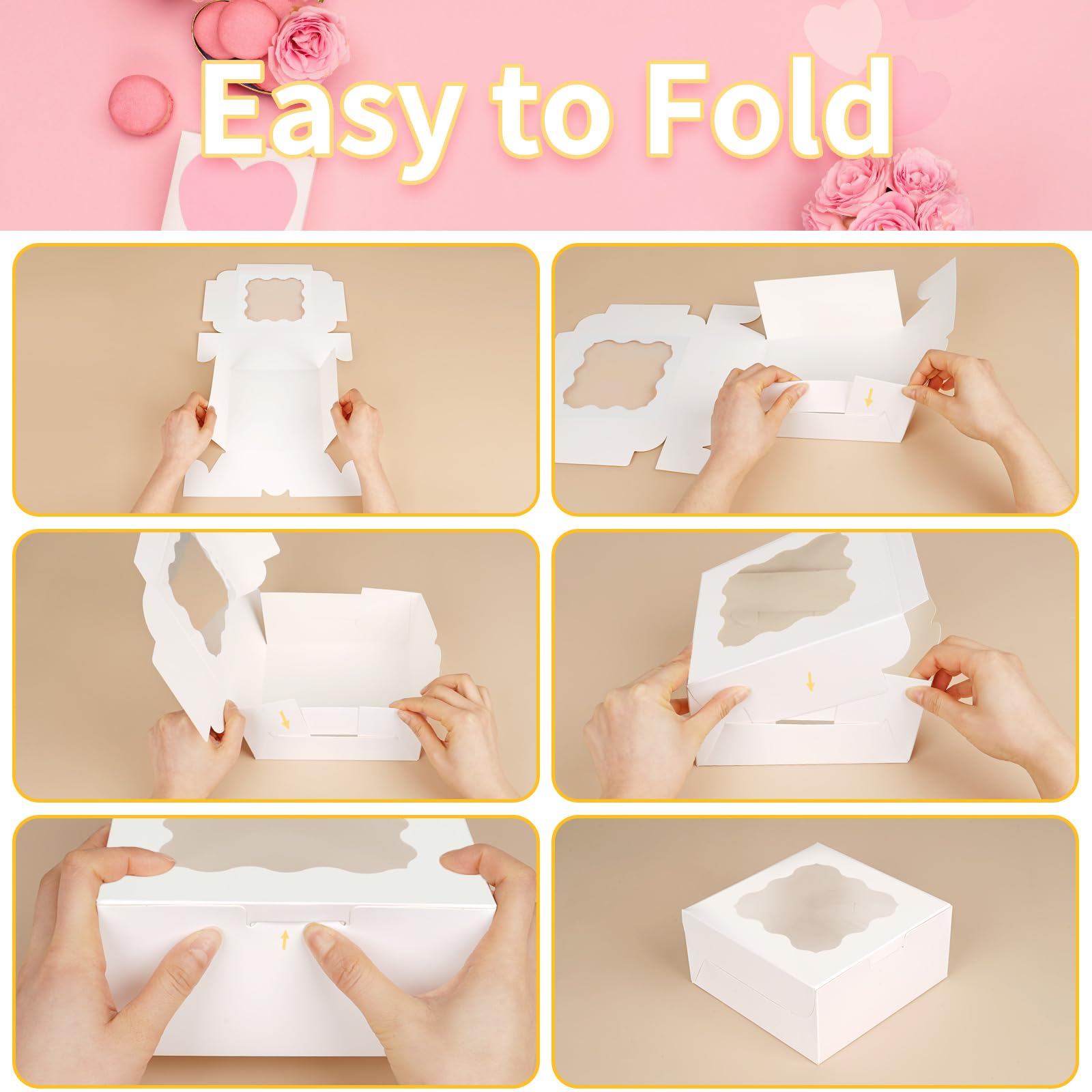 WINKIO 12 Pieces Cookie Boxes with Window, 6×6×3 Inches Treat Boxes for Bakery Dessert Pastry Mini Cake Favor Donut Baked Goods (White, with Stickers)