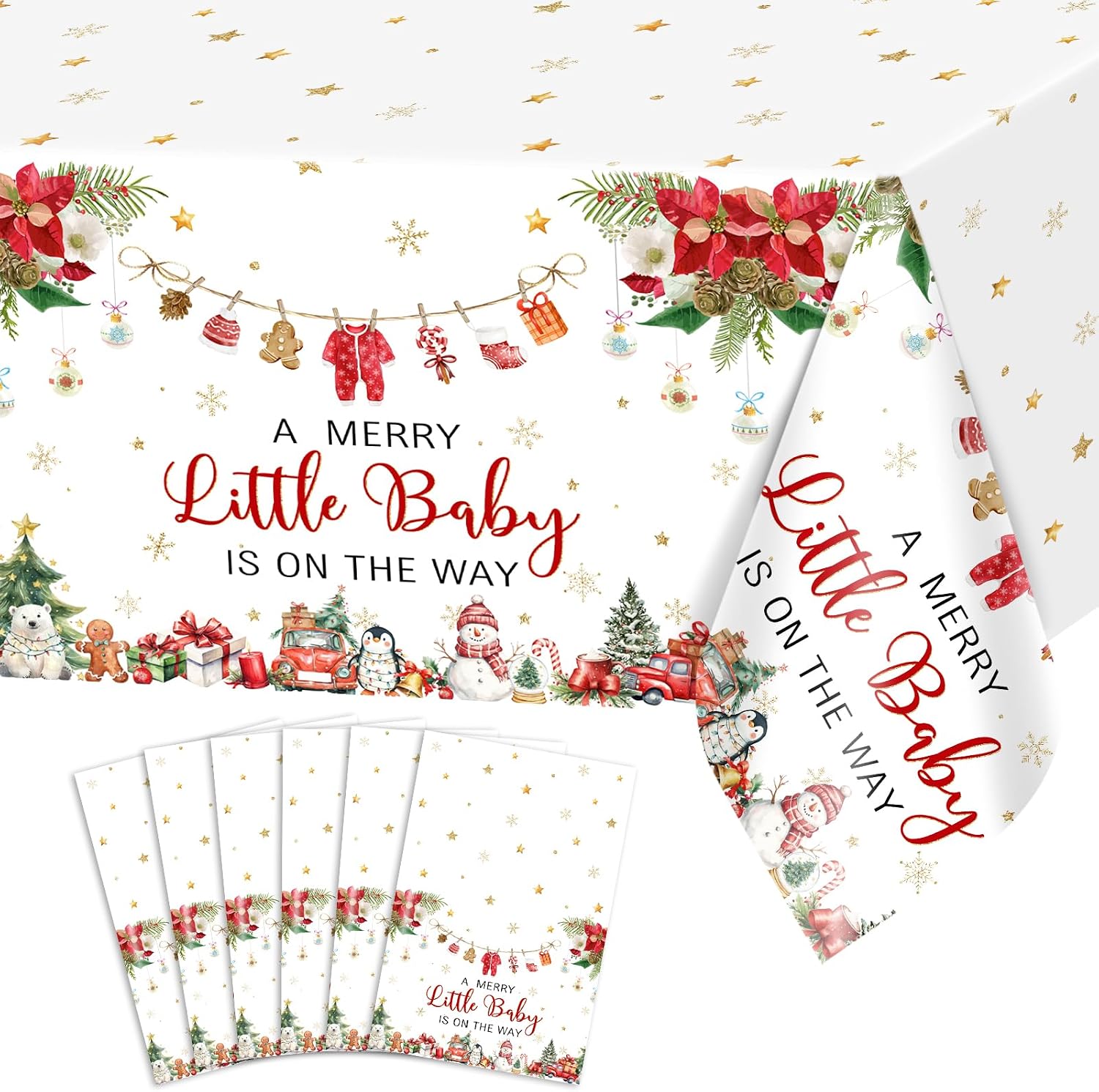 Avezano 6 Pcs Christmas Baby Shower Tablecloth A Merry Little Baby is on The Way Table Cover for Christmas Winter Holiday Party Decorations