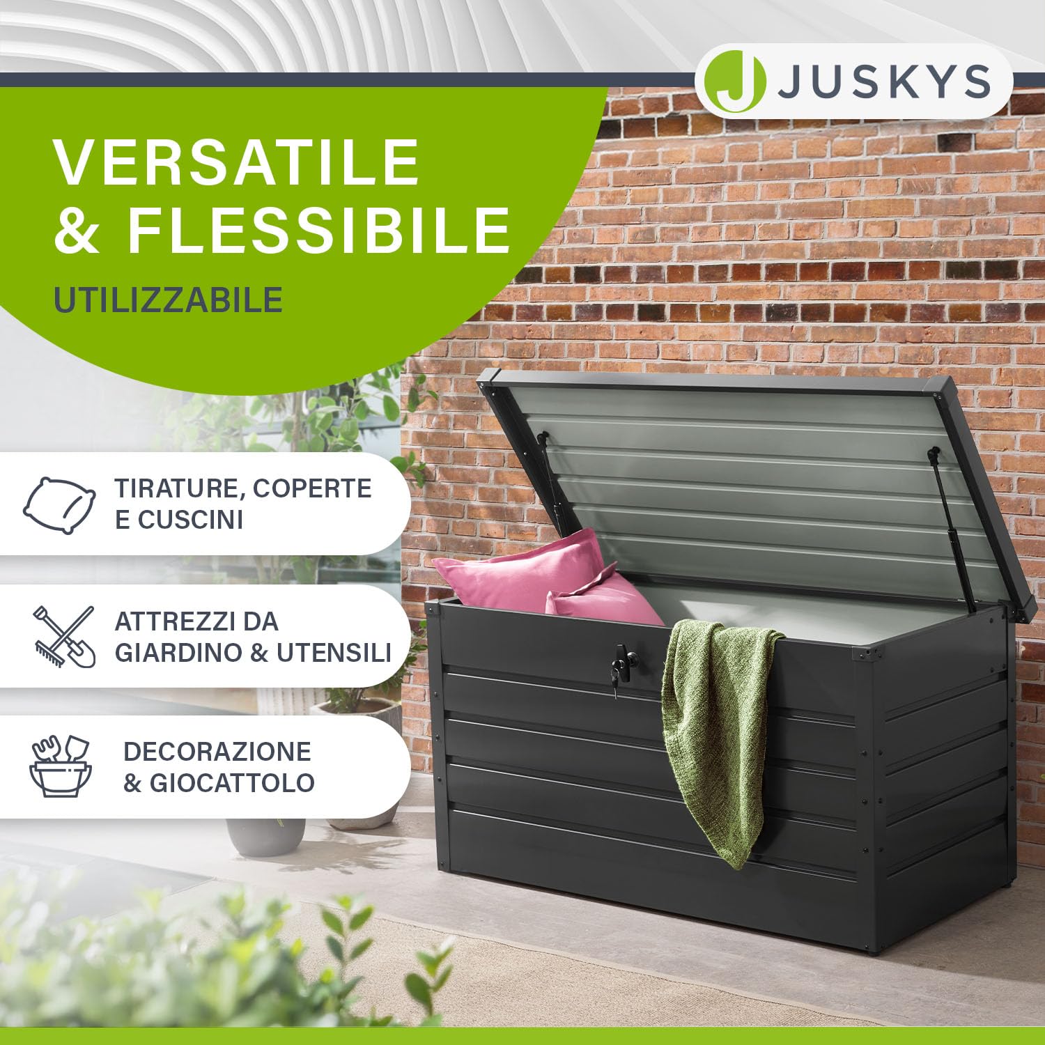 Juskys box di stoccaggio in metallo Limani 380 L – per esterni, impermeabile e chiudibile a chiave – contenitore da giardino per cuscini – antracite